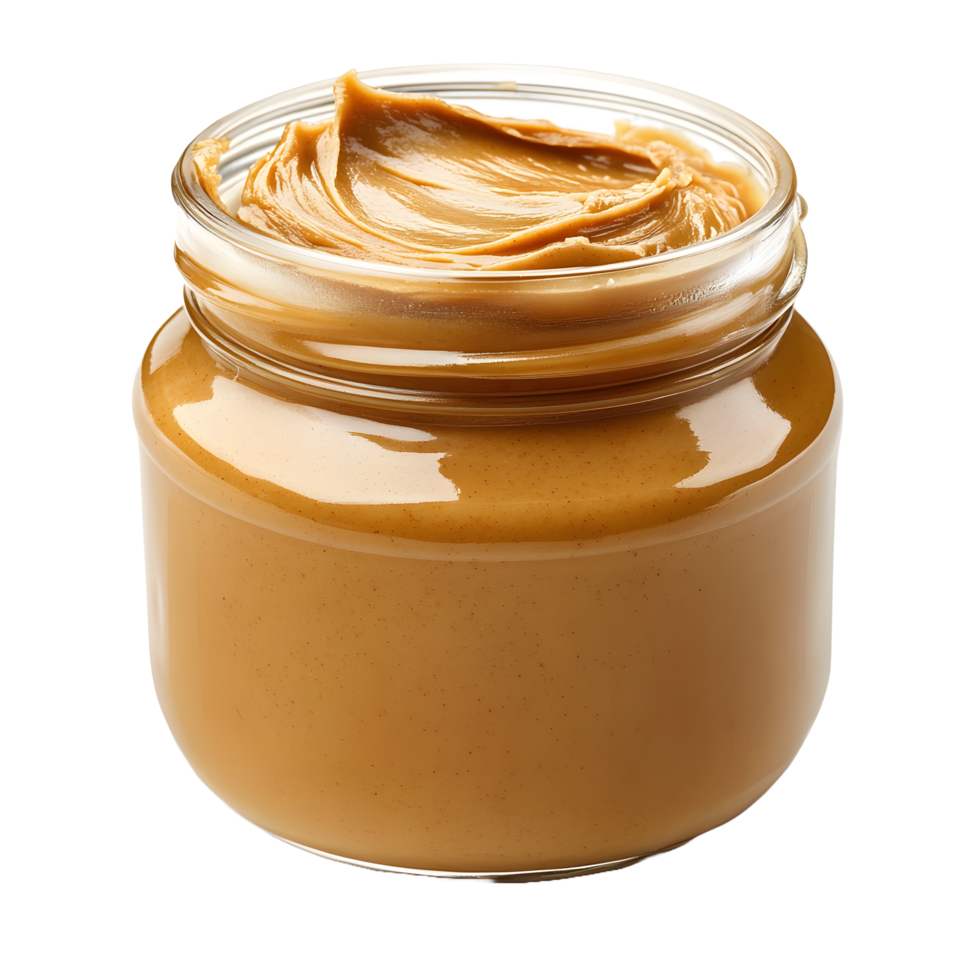 Close up of creamy peanut butter in a glass jar isolated on transparent background png