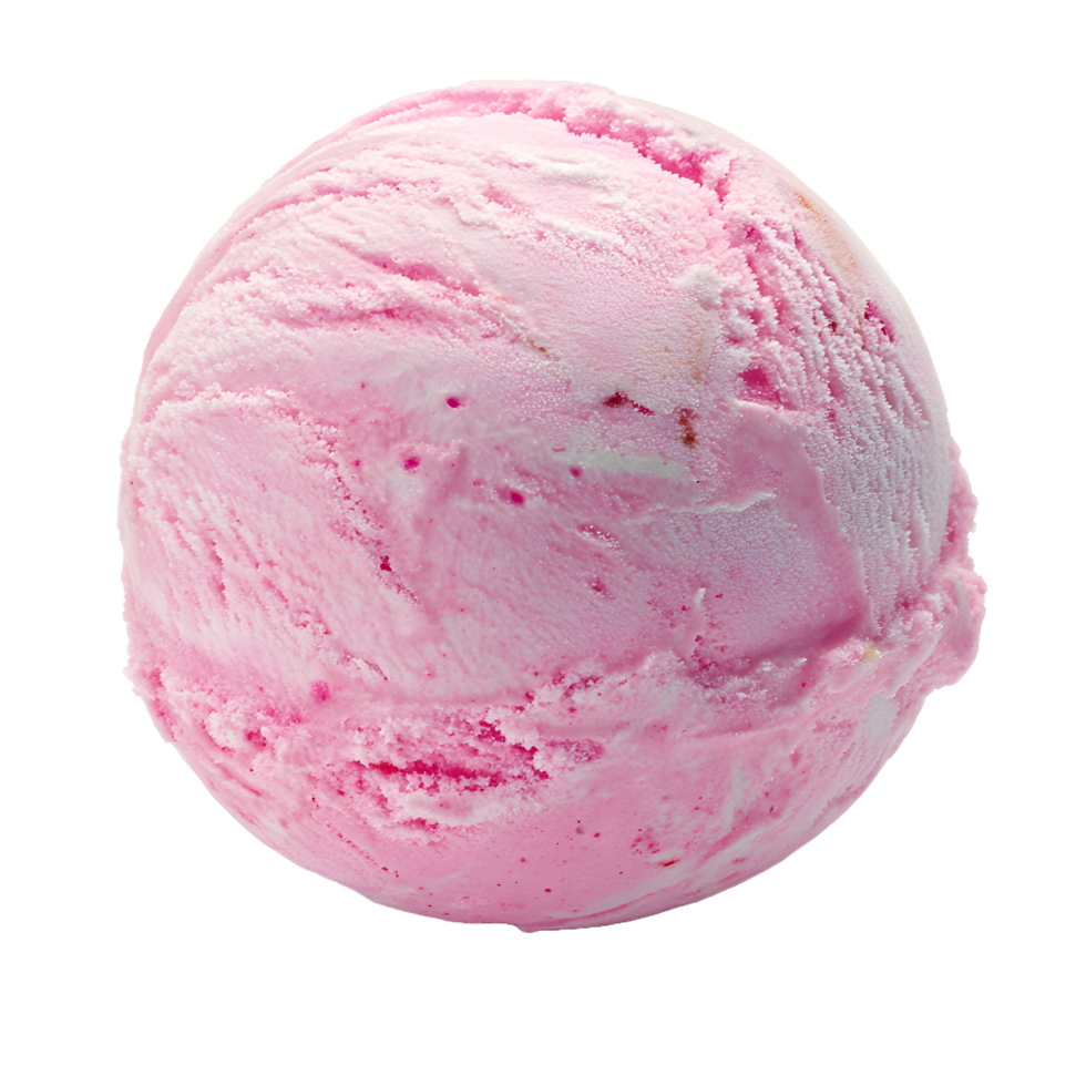 A single scoop of strawberry ice cream with visible fruit pieces isolated on transparent background png