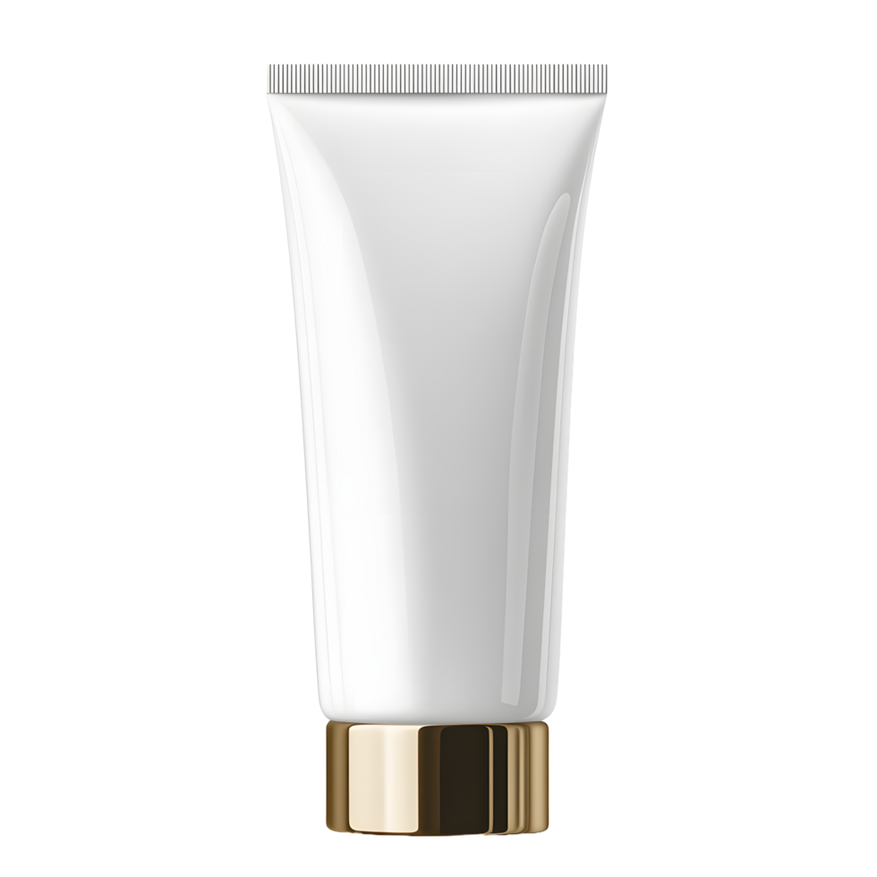 Clean white cosmetic tube with a shiny gold cap isolated on transparent background png
