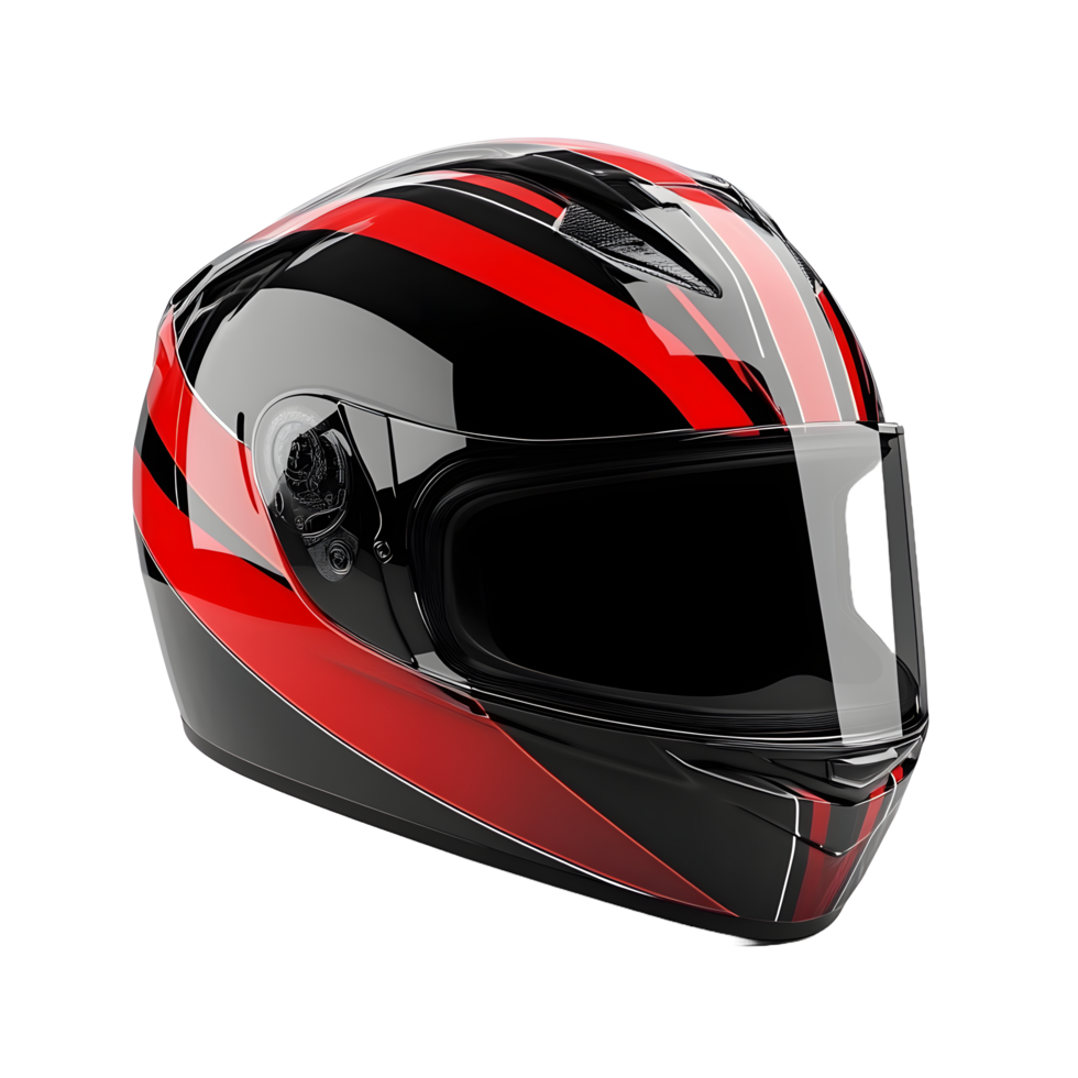Sleek black and red motorcycle helmet with tinted visor isolated on transparent background png