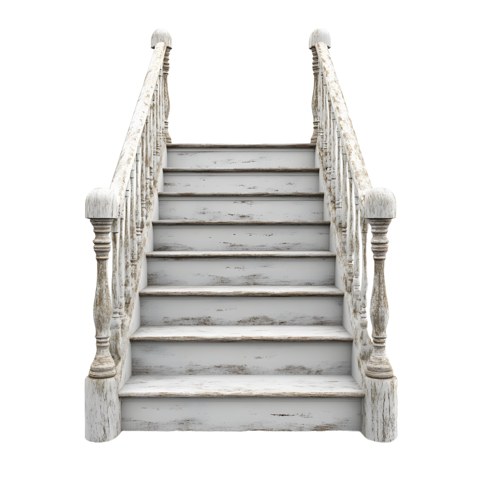 Weathered white wooden staircase with ornate balusters and railing isolated on transparent background png