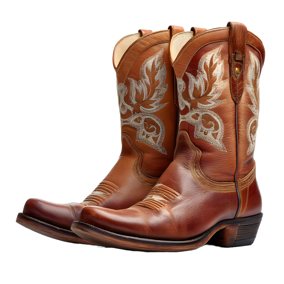 Classic brown leather cowboy boots with intricate white stitching and detailing isolated on transparent background png