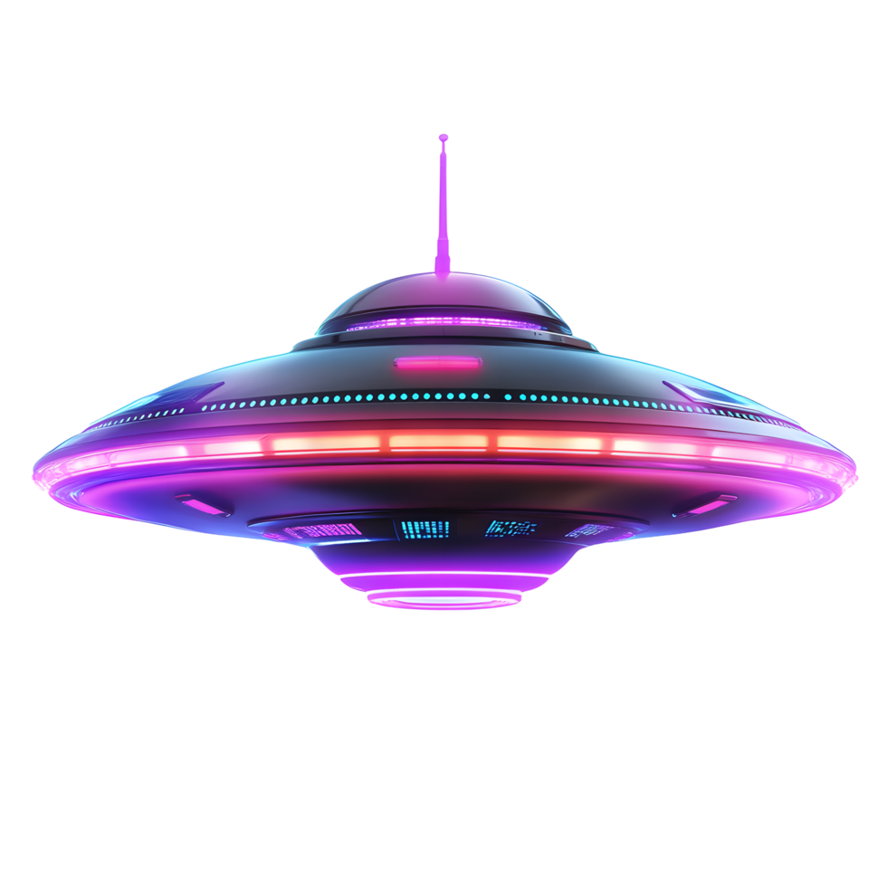 Futuristic flying saucer with glowing purple and blue lights and antenna isolated on transparent background png