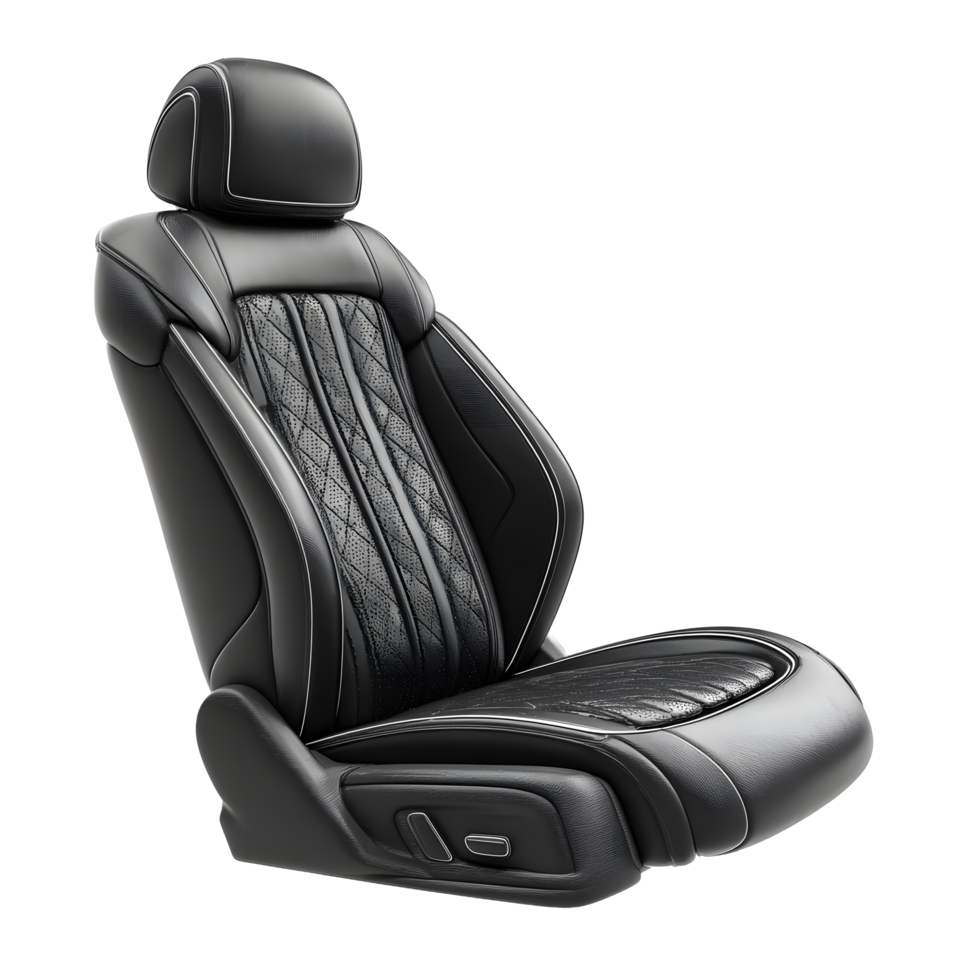Luxurious black leather car seat with diamond stitching and white piping isolated on transparent background png