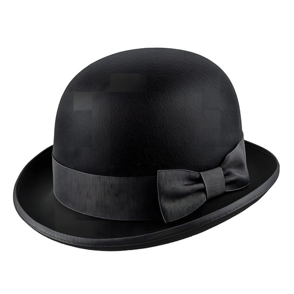 Classic black bowler hat with a textured ribbon and bow detail isolated on transparent background png