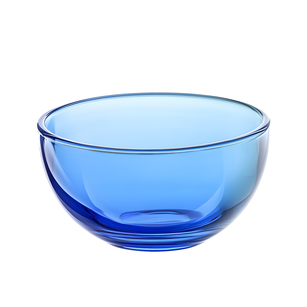 A clear blue glass bowl with a smooth rim and ribbed base isolated on transparent background png