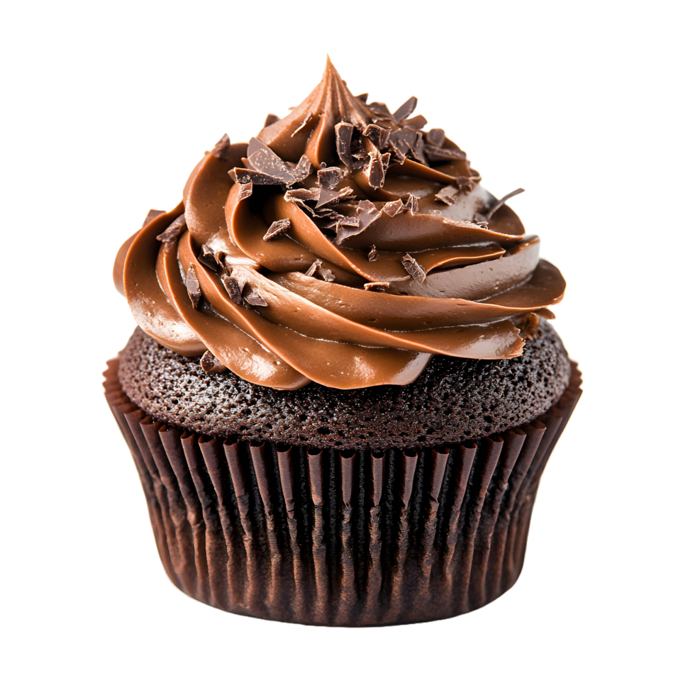 Delicious chocolate cupcake with rich frosting and chocolate shavings isolated on transparent background png