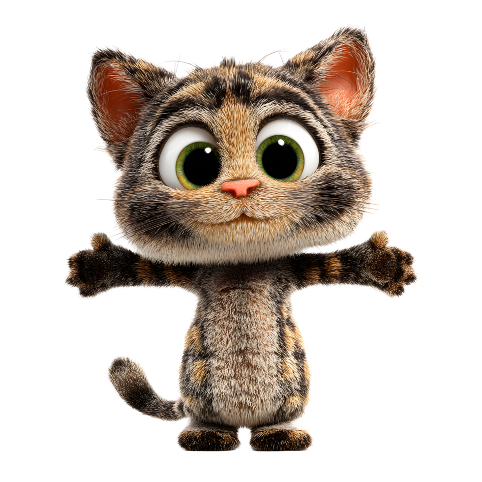 Cute cartoon tabby kitten with big green eyes and outstretched arms isolated on transparent background png