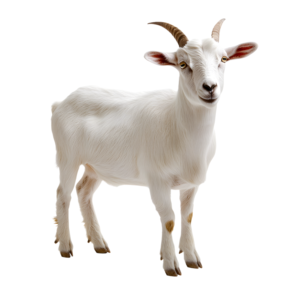 A young white goat with brown horns stands looking forward isolated on transparent background png