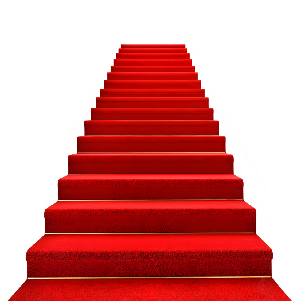 Luxurious red carpet stairs with golden trim and white banisters isolated on transparent background png