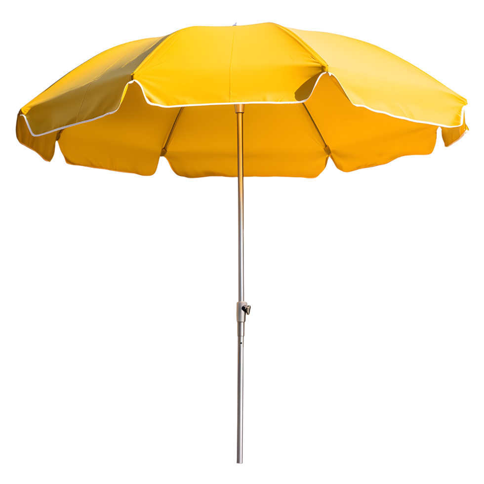 Bright yellow beach umbrella with white trim and silver pole isolated on transparent background png