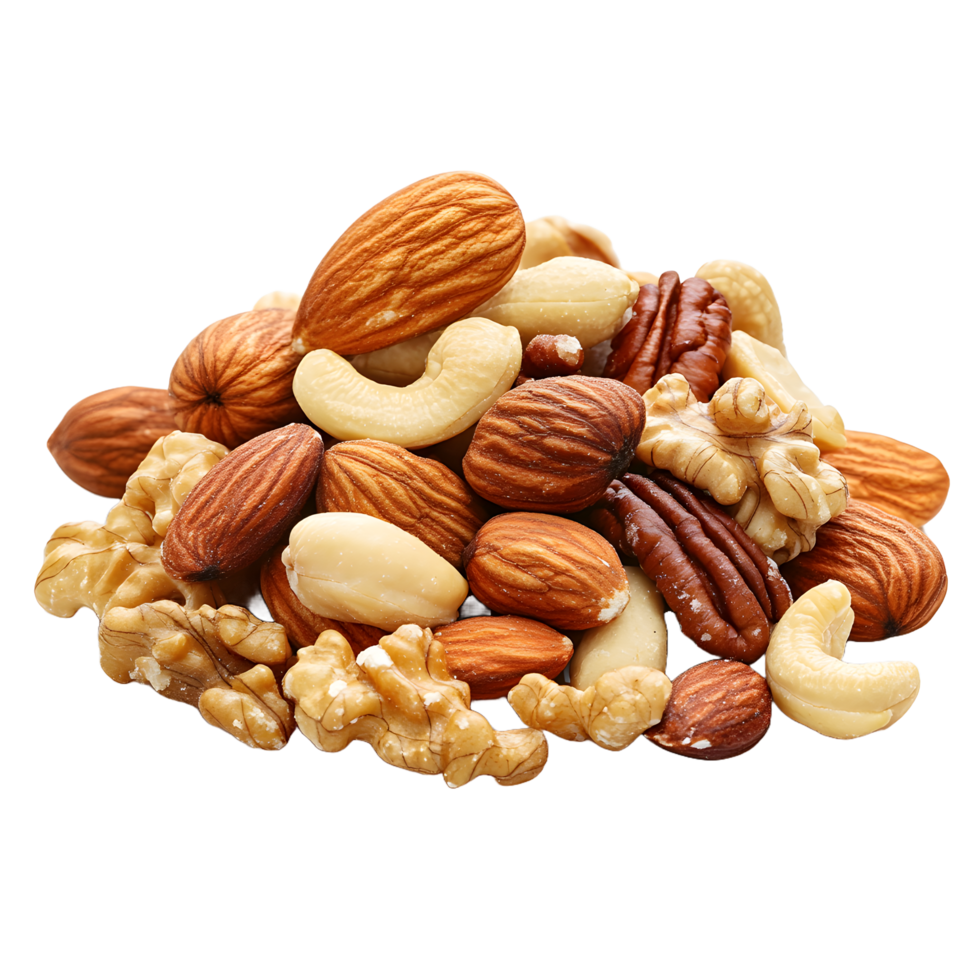 A healthy pile of mixed nuts including almonds cashews walnuts and pecans isolated on transparent background png