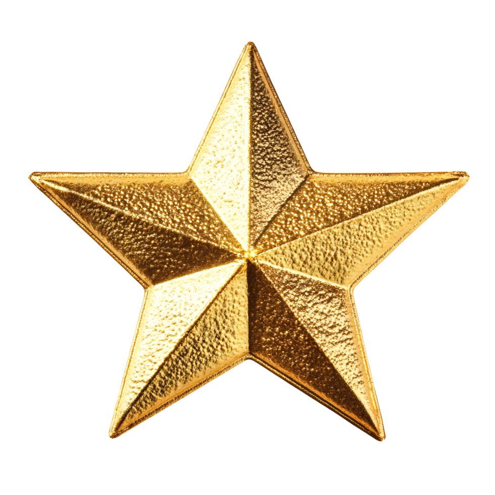 A single shiny golden star with a textured surface isolated on transparent background png
