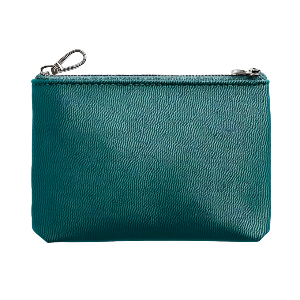 Teal textured small pouch with zipper and metal clasp isolated on transparent background png