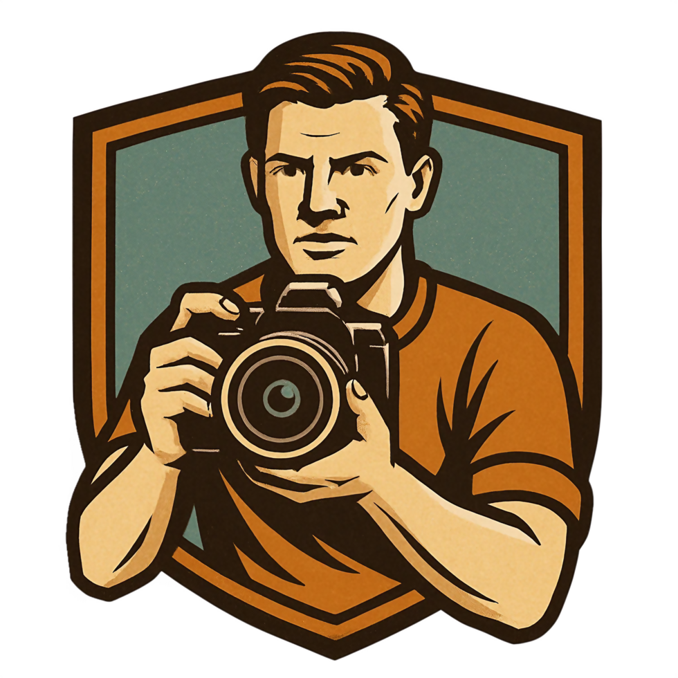 Vintage Style Illustration of a Confident Man Holding a DSLR Camera Framed png