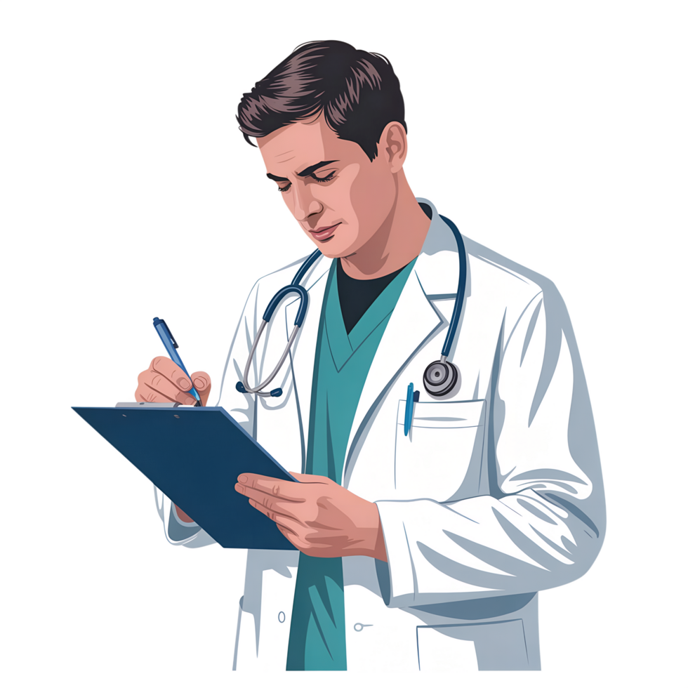 Serious Male Doctor Reviewing Medical Chart png