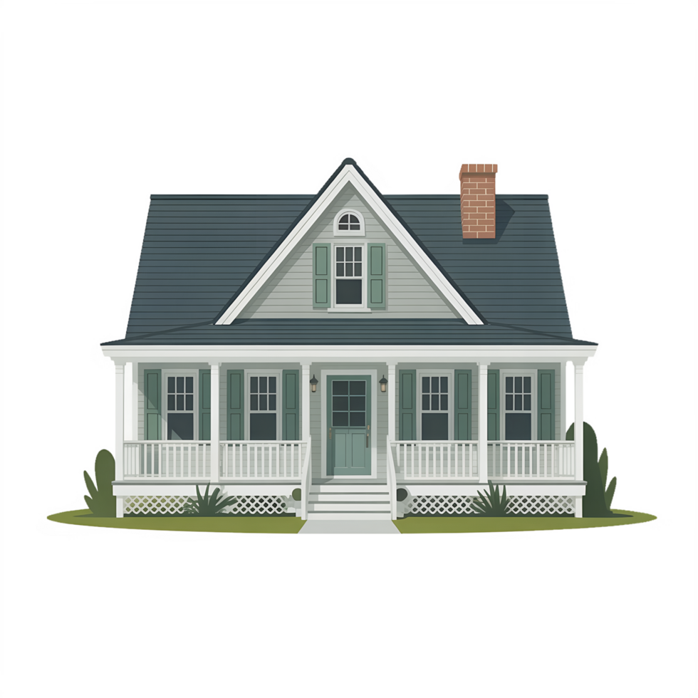 Charming Suburban Cottage House Illustration, Peaceful Mood, Front View png
