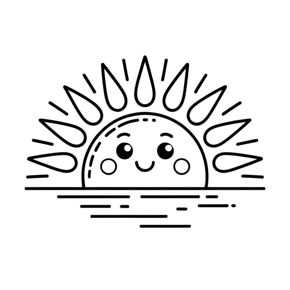 Happy Sunset Line Art Illustration of a Smiling Sun Setting Over Calm Water. png
