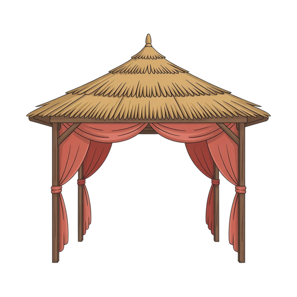 Cartoon Thatched Gazebo with Red Curtains Tropical, Relaxing Summer Vacation Scene png