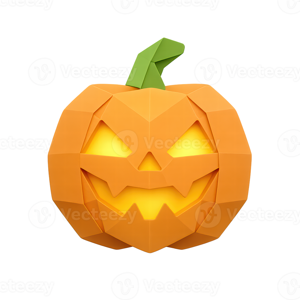 Origami-style Halloween jack-o'-lantern pumpkin with glowing eyes and mouth, spooky paper craft design in orange and yellow on dark festive background png