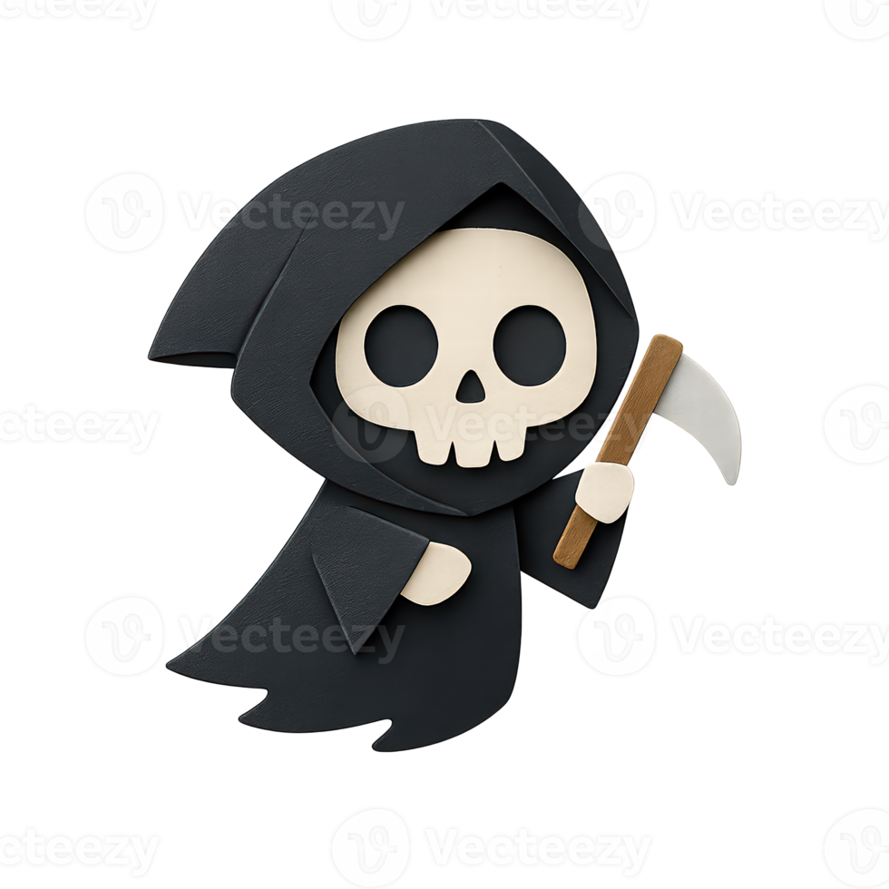 Cute Grim Reaper in black cloak holding a scythe, illustrated in layered origami-style paper art with soft shadows and spooky Halloween festive background png
