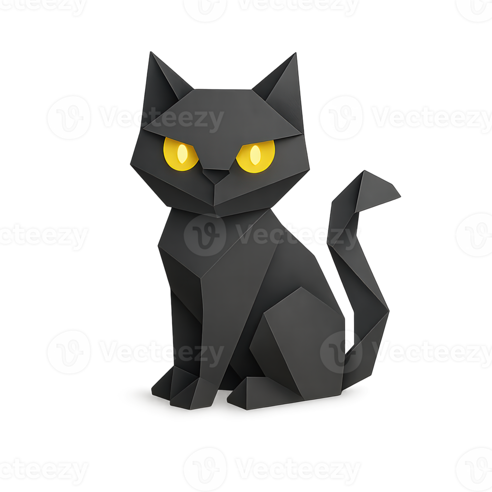 Origami style black cat illustration with glowing yellow eyes on dark background, spooky Halloween pet animal made from paper craft for seasonal decor png