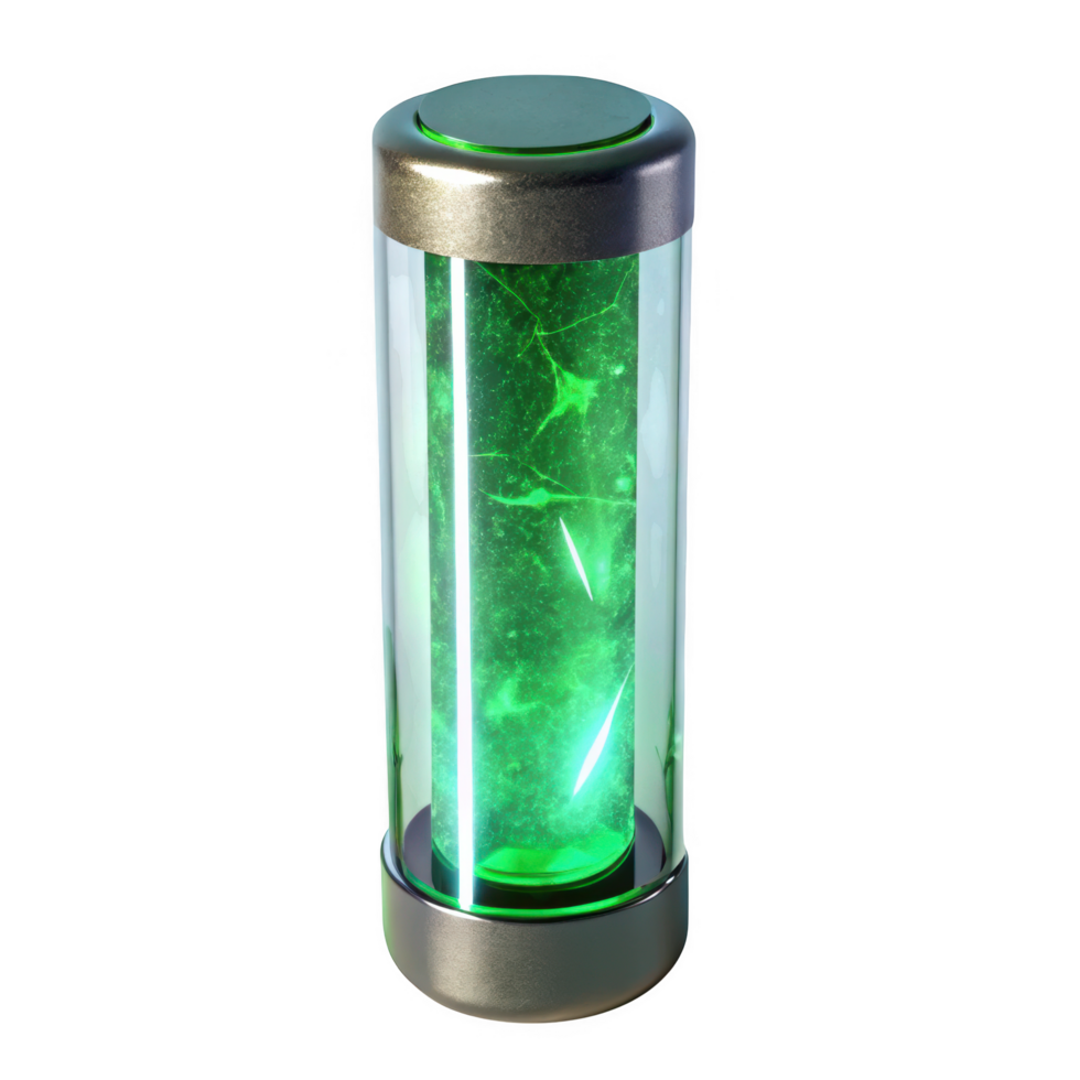 Glowing green energy cell in glass container png