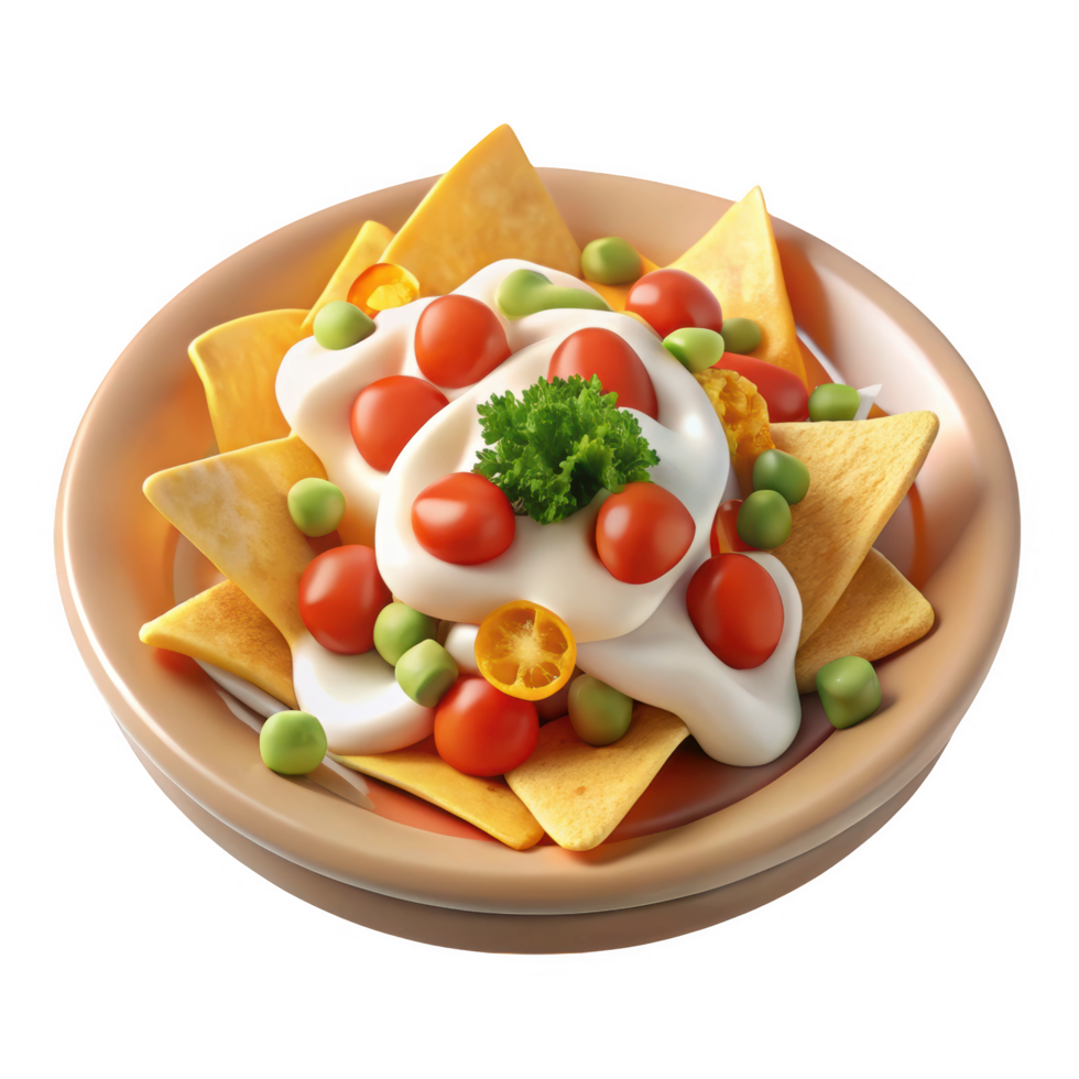 Delicious nachos with creamy sauce and veggies png