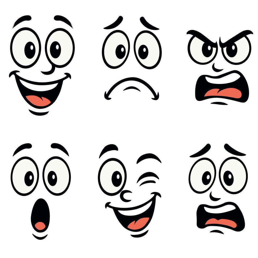 Cartoon Faces with Various Expressions. Sticker and icons with different face expressions. vector