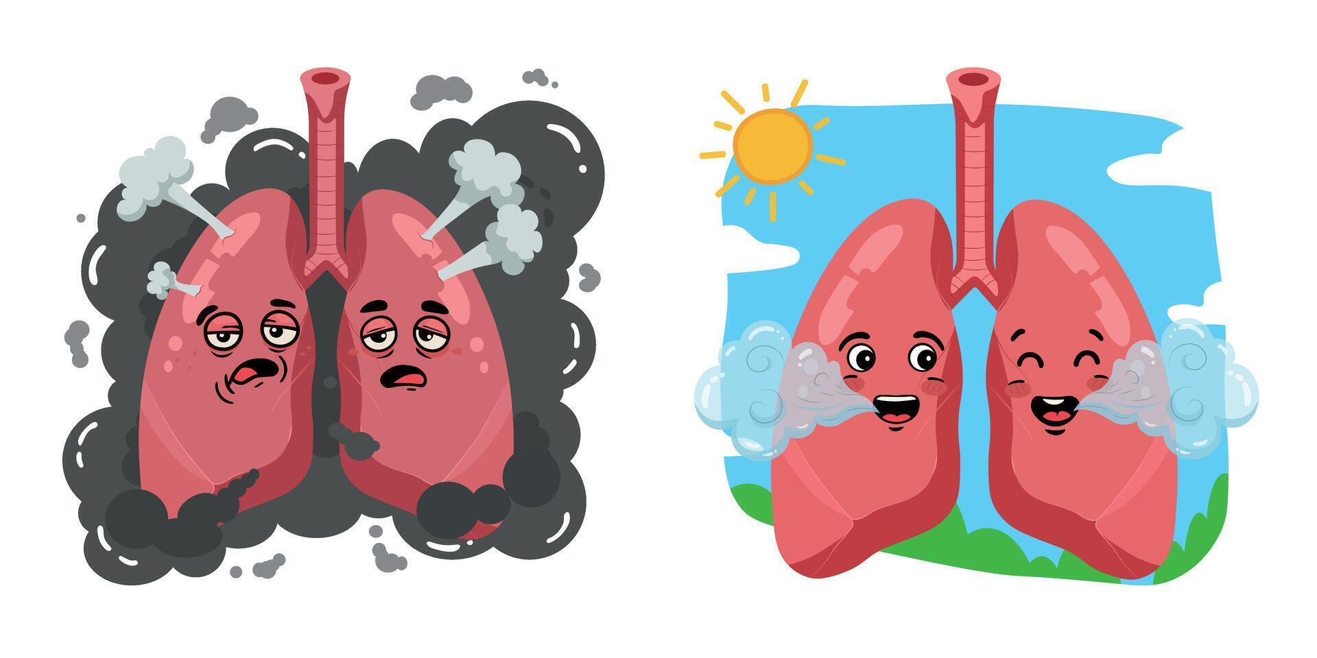 Cartoon lungs before and after smoking with happy and sad expressions, cigarette damage vs healthy breathing, medical illustration for quit smoking campaign, lung health, clean air and detox concept vector