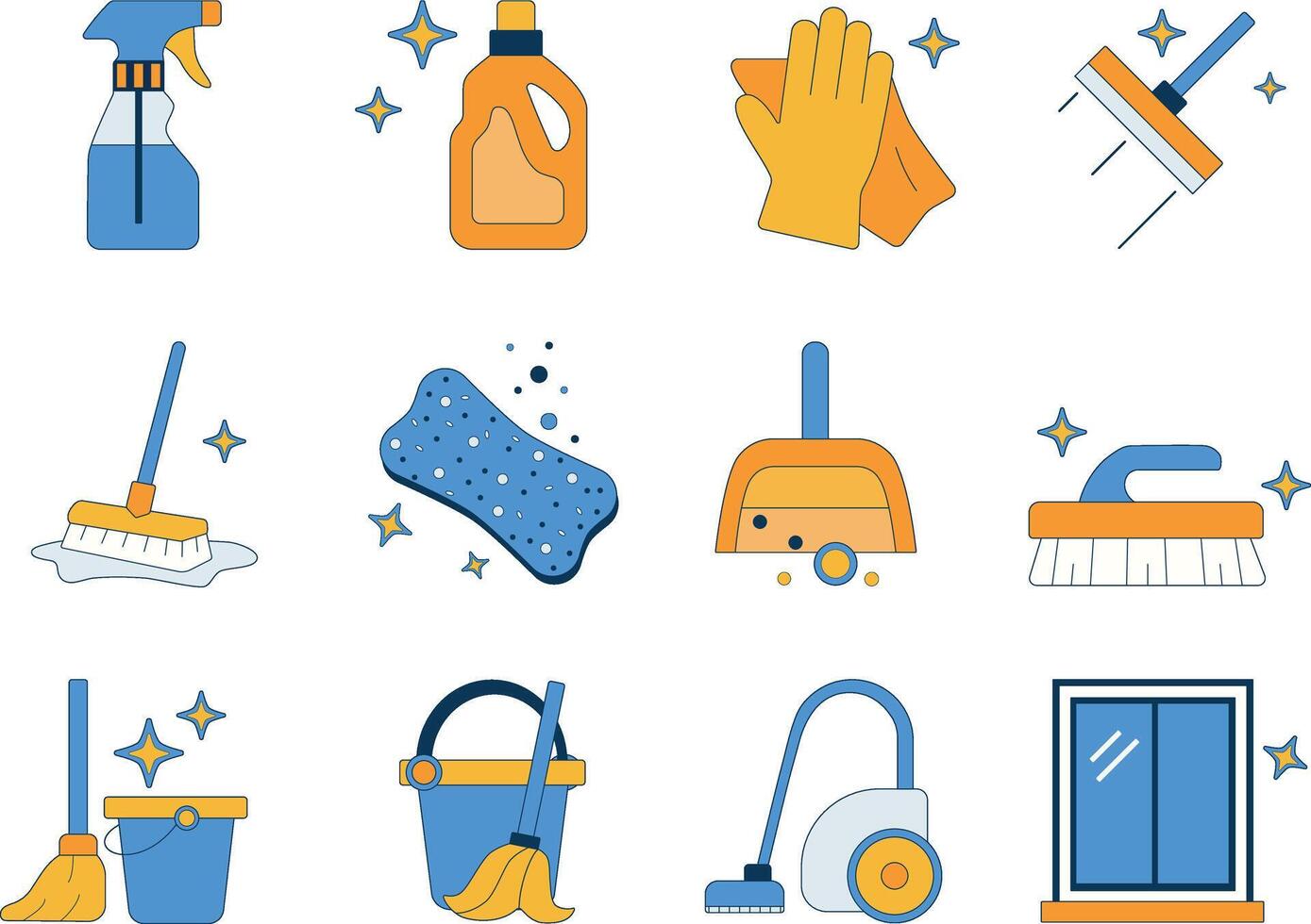 Set of 12 icons of cleaning products and items for cleaning. Cleaning icons. vector