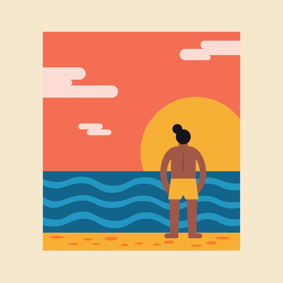 Person Watching Sunset Over the Sea vector