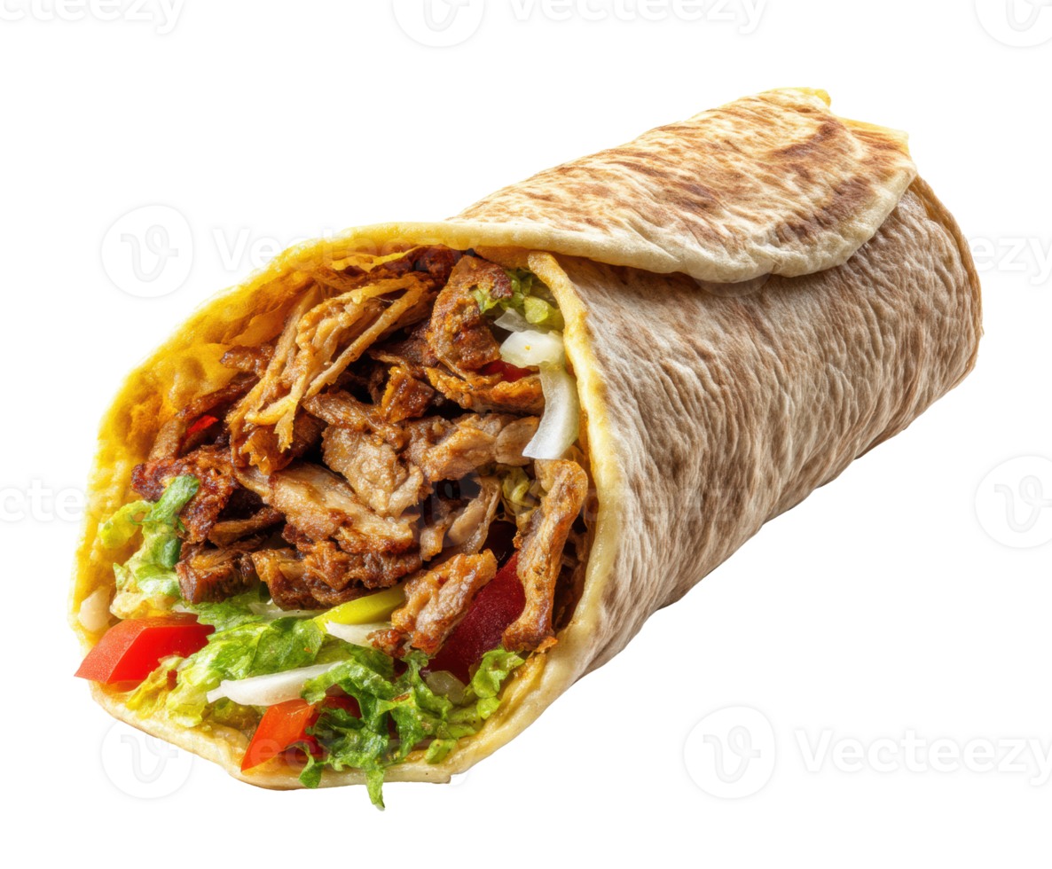 Tasty wrap with grilled meat and fresh veggies png