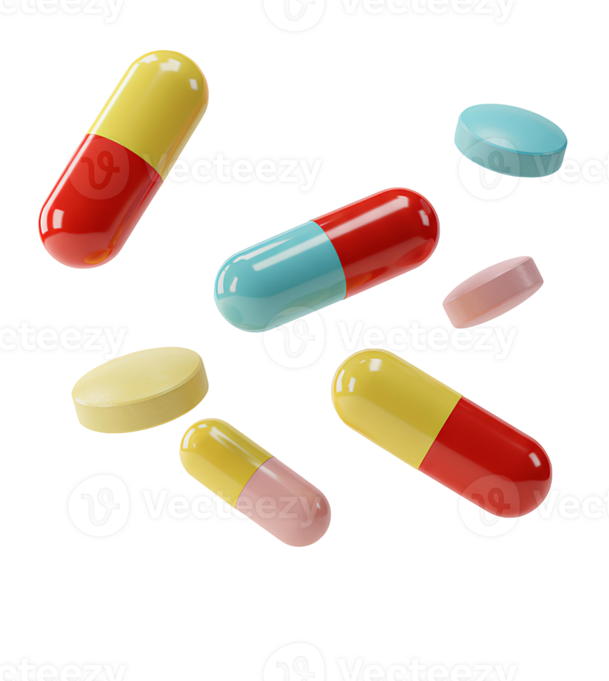 pills falling down . Colorful pills flying isolated for healthcare visuals, pharmaceutical ads, and medicine related content. Assorted pills and capsules flying in mid air for medical infographics png