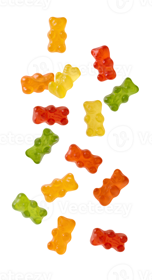 gummy bears set . colorful gummy bears falling down . Colorful gummy bear candy falling down in mid-air. Sweet gummy bears floating for chewy candy snacks and desserts png