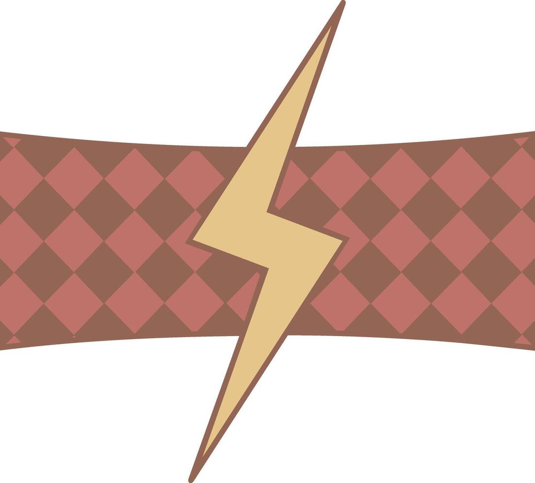 Gold lightning bolt over red diamond patterned background in flat cartoon style vector
