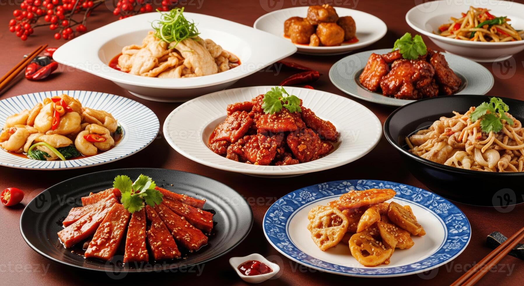 A variety of dishes are arranged on plates photo