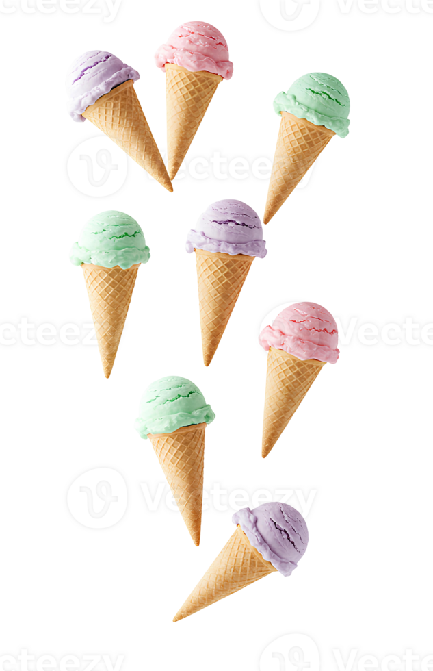 ice cream cones . colorful gelato ice creams falling down . Flavourful ice cream cones falling down in mid-air. Sweet ice creams floating for summer desserts png