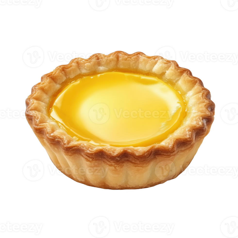 Delicious isolated Hong Kong egg tart with golden custard filling on png