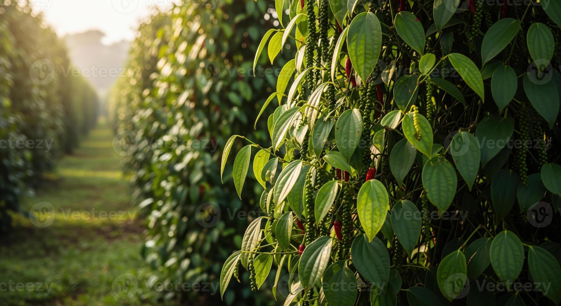 A row of green plants with red berries photo