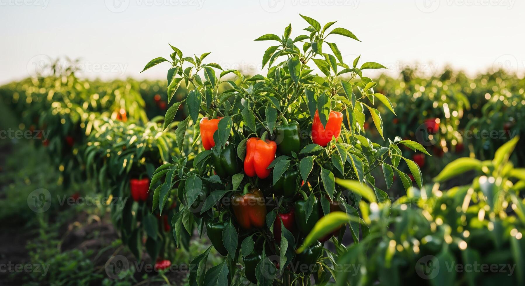 A field of red peppers growing in the middle of a field photo