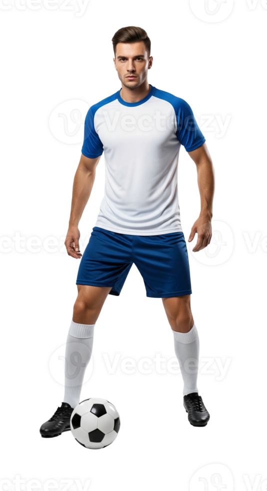 Soccer player in blue and white uniform png
