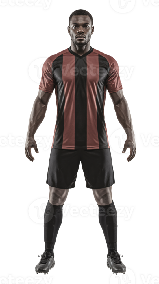 A soccer player in a red and black uniform png