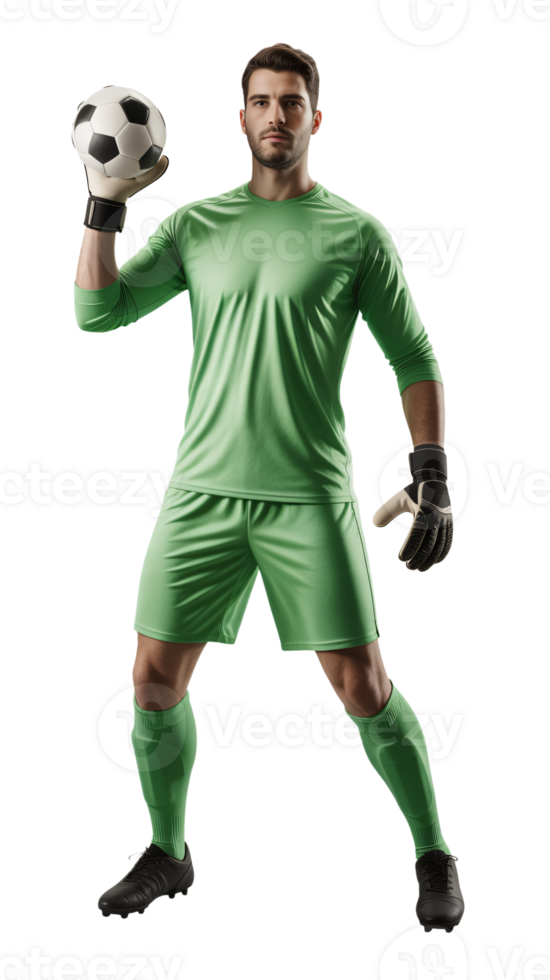 A man in green soccer gear holding a soccer ball png