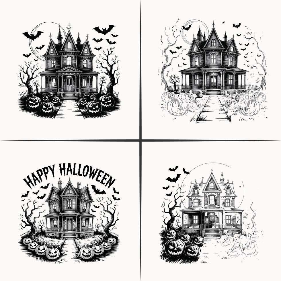 Spooky Haunted House with Pumpkins, Bats, and Full Moon for Halloween, Vintage Black and White Halloween Artwork, Creepy Halloween Night Scene vector