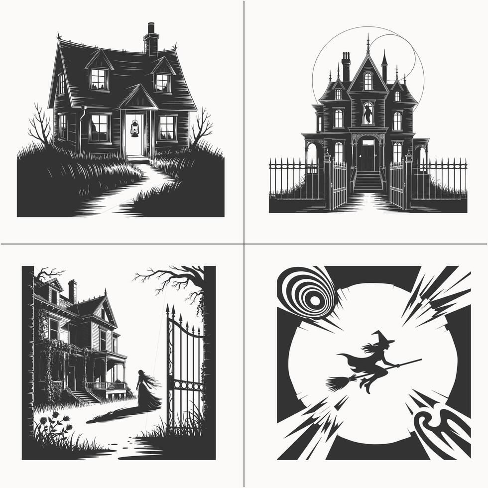 Spooky Haunted Houses with Creepy Trees and Ghostly Shadows, Featuring Witch on a Broomstick for Halloween Night vector