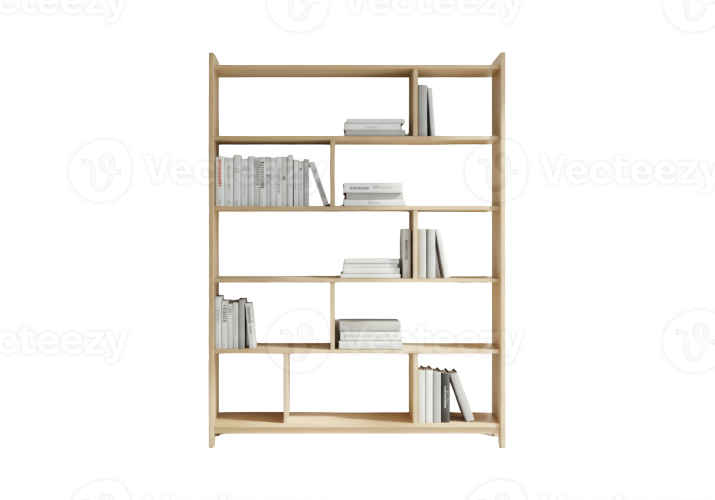 Light wood bookshelf filled with assorted books isolated on transparent background png