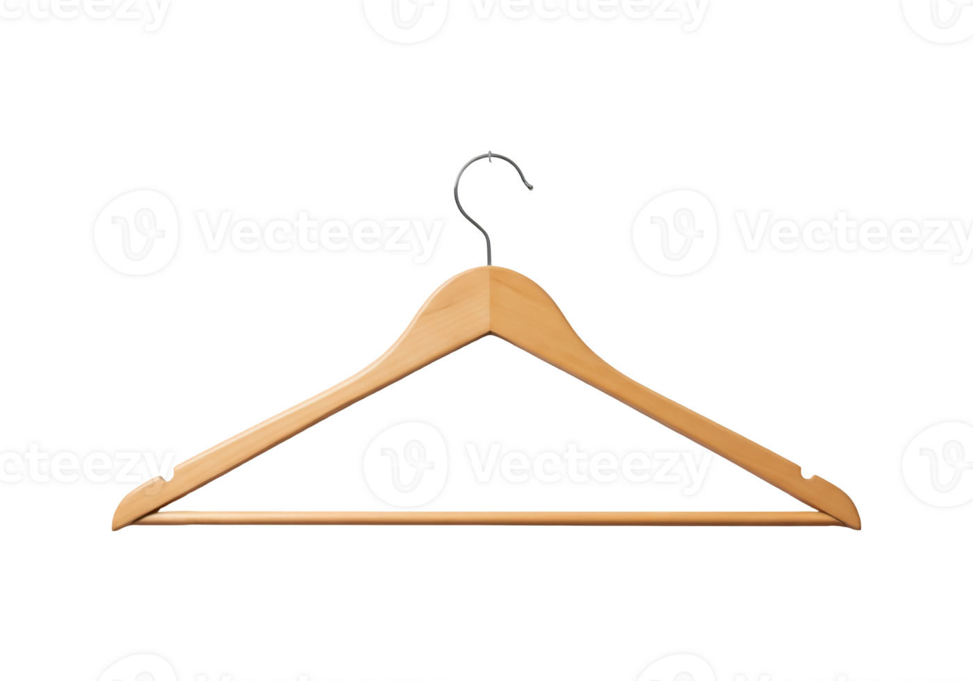 Natural wooden clothes hanger with silver metal hook isolated on transparent background png