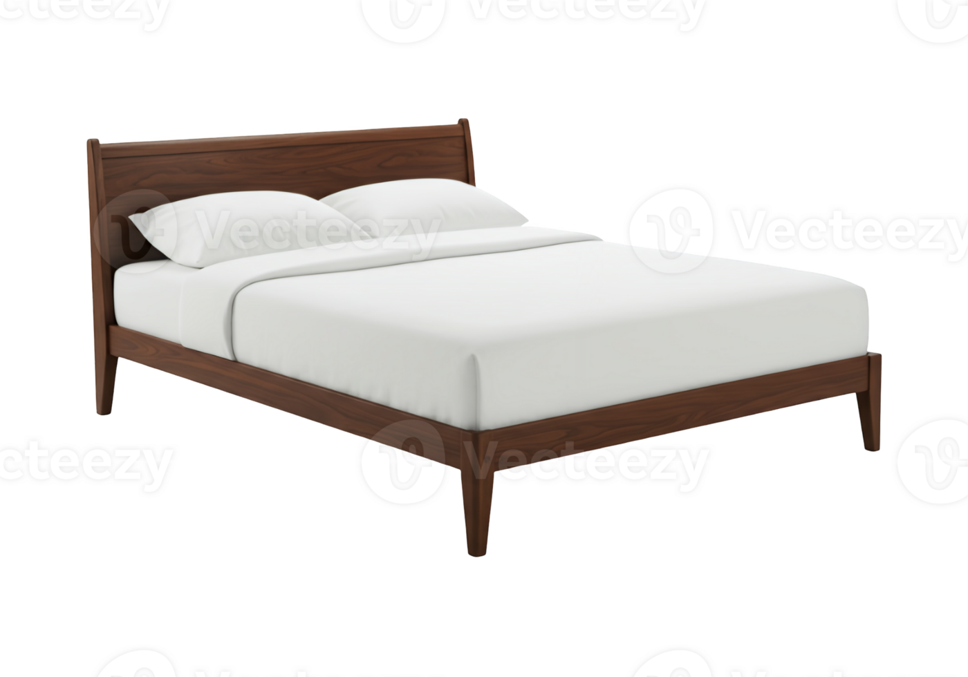 Modern walnut wood bed frame with white linens isolated on transparent background png