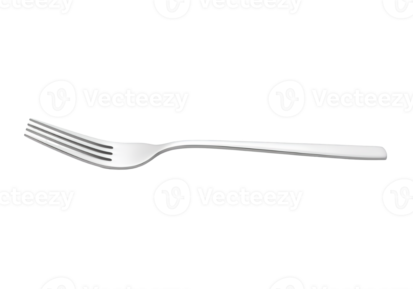 A single shiny metal fork with four tines isolated on transparent background png